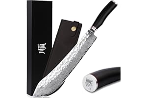 YOUSUNLONG Coltello da macellaio Max Bull Nose - 305 mm - Acciaio damasco giapponese martellato a 67 strati - Manico in ebano naturale con fodero in pelle