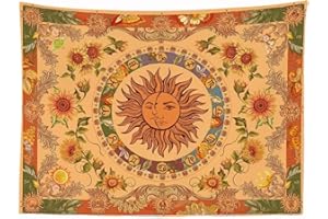 Ulticool - Tapisserie murale Décoration Appartement - Soleil Mandala Fleurs Lune Nature Rétro - 200 x 150 cm - Tapisserie Murale - Pour Chambre à Coucher Salon - Ocre Jaune Orange Vert