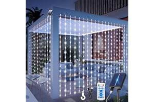 RJEDL Solar Curtain Lights Outdoor Garden,3mx3m 300LED Curtain Fairy Lights, Solar Curtain Lights 8 Modes Remote Control Waterproof Waterfall Lights for Patio Gazebo Party Decoration Cool White