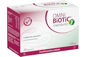 OMNi BiOTiC metabolic | 30 sobres (90 g) | 7 cepas bacterianas | 3 mil millones de bacterias por dosis diaria | Polvo | Sin gluten | Sin lactosa | Para uso diario