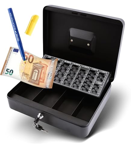 Caisse à Monnaie WEDO 145200H - 5 Compartiments, Avec Clip Pour Billets, Serrure Et 2 Clés, Dimensions 20x16x9 Cm (blanc)