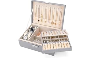 Sofore Schmuckkästchen Mädchen, 2 Etagen Reise Schmuckkästchen schmuckkästchen groß mit 2 Uhrenkissen, PU-Leder Aufbewahrungskoffer für Ohrringe Ringe Halsketten Uhren Armbänder, Grau