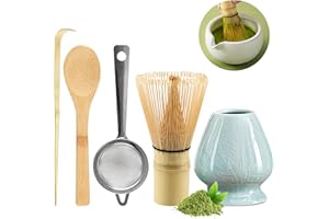 CHWNIBAY Matcha Kit 5 Pièces,Kit Matcha,Comprend le Fouet Matcha en Bambou,2 Cuillères à Matcha,Support Fouet Matcha,Tamiser à Matcha,C'est un Cadeau pour Amateurs de Matcha (Bleu)