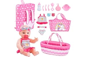 deAO Bambolotti Bambole e Accessori, 12”Bambola Bebè Set con Sacchetto di maternità Borsa Culla portatile Zaino, Set di Alimentazione e Cura per Bambole neonato, Set di Giochi di Finzione per Ragazze