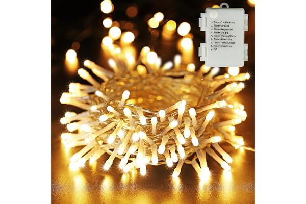 BrizLabs Guirlande Lumineuse de Noël, 20M 200 LED Intérieur Guirlande Lumières a Pile 8 Modes Etanche avec Minuterie Extérieure Décoration pour Chambre Arbre Jardin Balcon Mariage Fête, Blanc Chaud
