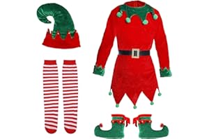 XIHIRCD Conjuntos de Disfraz Elfo Navideño, Divertido Traje De Cosplay con Gorro De Elfo, Calcetines Largos A Rayas, Zapatos De Campana, para Niños Niñas Mujeres Favores De Fiesta
