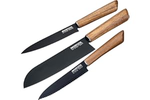 Nirosta Set 3 Coltelli in Acciaio Inox | Coltelli Santoku, a Lama Liscia e Seghettata con Rivestimento Antiaderente | Cotelli da cucina con Manico in Legno di Acacia e Custodia Protettiva, Linea Flow