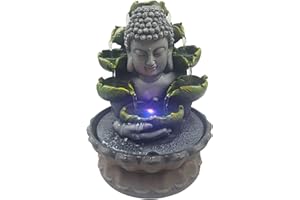 Futchoy Fontana da interni, decorazione Buddha, decorativa, in resina, con lampada LED a 4 colori (Blu, Verde)