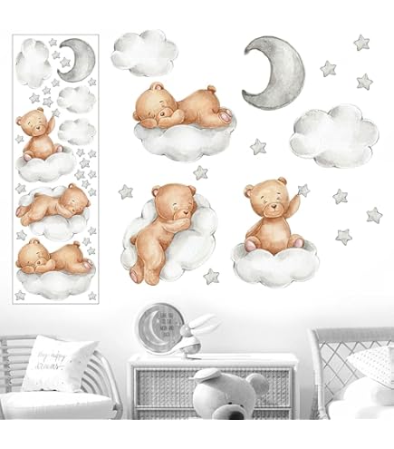 Sticker Mural Chambre D'enfant Ours En Peluche : Nuages Et étoiles Aquarelles - France