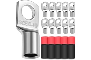 DAWENUR 10x Capicorda tubolare 50mm² Capicorda con foro Ø M10 Capicorda ad anello Rame rinforzato Capicorda non isolato SC con 10 guaine termorestringenti 3:1