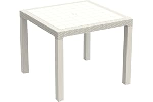 Duramax Cedarattan 4 Seater Plastic Table, Garden Dining Parasol Holder, Indoor & Outdoor, Square Dinning Table, Patio Furniture, Sturdy & Durable, UV Resistant & Weatherproof, Warm Grey