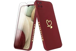 Vauki Hülle für Samsung Galaxy A12/M12/A12 Nacho mit 2 Stück Schutzfolie Handyhülle Mädchen mit Herz Motiv Muster Weiches Dünne Silikon TPU Stoßfest Kratzfeste Case Kompatibel mit Samsung A12, Claret