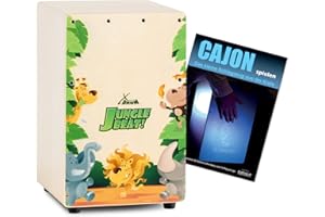 XDrum KC-37JB Kinder-Cajon Set - Kleine Cajon speziell für Kinder - Nur 36 cm hoch - Snare-Effekt durch stimmbare Gitarrensaiten - Spar-Set mit Cajon-Schule für Einsteiger - Jungle Beat