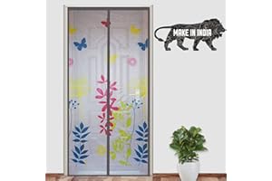 LifeKrafts Polyester Door Mosquito Net with Magnets | Color Floral Pattern with Grey Background | Mosquito Curtain for All Do