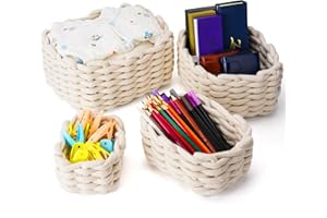 Lannvan Juego de 4 Cestas Almacenaje Tejida con Cuerda de Algodón, Cesta Bebe Organizadoras, Cesta Organizadoras Baño Decorativas para Armarios, Salones, Juguetes, Cambiador,Blanco