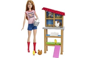 Barbie Métiers coffret poupée Fermière Rousse avec poulailler, 3 Poules, 2 Poussins et accessoires, jouet pour enfant, FXP15