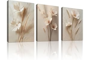 WENGTIAO Set of 3 Beige White Floral Canvas Wall Art Prints Framed Pictures Modern Minimalist Flowers Painting on Canvas for Living Room Bedroom Home Wall Decor 30x40cmx3
