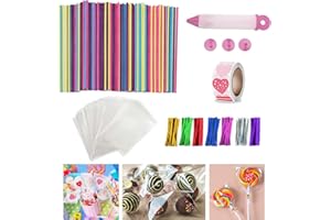 SYCLE CIRCLE 200 Bâtonnets Colorés à Pop Cake/ Sucettes+ 200 Sacs à Cake Pop + 200 Attaches Torsadées + 500 Autocollants + 1 Stylo de Décoration, Fournitures d'emballage pour Bonbons Chocolat Lollipop Collations