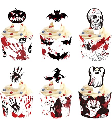 49-teiliges Halloween Cake Decor Set – Cupcake Topper, Wrappers & Große Kuchendekoration