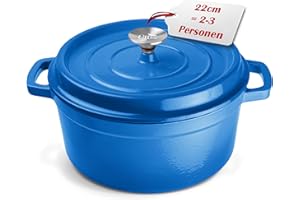 Ottia Pentola in ghisa, 22 cm, 3 litri, smaltata di alta qualità, con coperchio, pentola in ghisa, forno olandese, teglia per pane, tutti i piani cottura (anche a induzione), resistente al forno