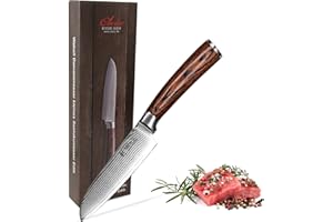 WAKOLI Edib Petit Couteau Santoku en Damas I Lame tranchante de 12 cm en acier damassé à 67 couches avec noyau VG10 et manche en bois de pakka I Couteau de cuisine professionnel & couteau damassé