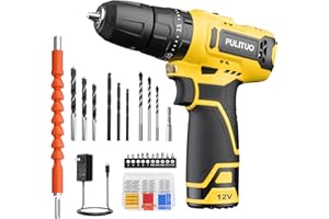 12 V Taladro Atornillador, PULITUO Taladro Eléctrico Compacto con 1.5Ah Batería, 2 Velocidades, 1 Hora de Carga Rápida, 10mm Portabrocas Automatico Para Mejoras en el Hogar