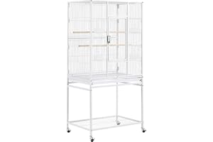 Yaheetech Grande Cage/Volière Oiseaux avec Support Détable à roulettes Cage pour Perroquet Gris du Gabon Canaris Parakeet Calopsitte élégante Pinson 65,5 x 42,5 x 136,5 cm Blanc