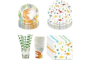 SITENGJUN N/S 16 Ensembles de Couverts de Dinosaure, Assiette en Carton Anniversaire Dinosaure, Vaisselle Jetable pour Les Fêtes (Assiettes en Papier, Assiettes à Dessert, Tasses, Pailles, Serviettes)