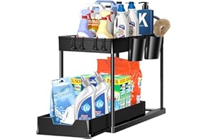 YIKANWEN Estantería de 2 niveles debajo del lavabo, organizador de cocina con 4 ganchos móviles y 2 tazas, multiusos para especias, armario de cocina, organizador de productos de limpieza para baño