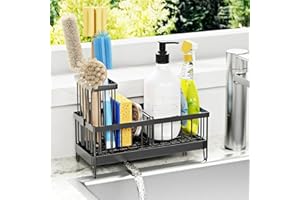 VILCEN Organizador Bajo Fregadero Cocina, Soporte Esponja Cocina con Toallero, Estropajo Fregadero con Bandeja Drenaje, Porta Estropajos Almacenamiento Organizador, Negro