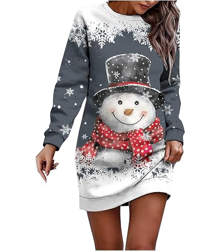 Robe Pull Noël Femme - Imprimé Renne Rigolo - Col Rond Manches Longues - Tunique Moulante Hiver - Style Ugly Christmas Sweater