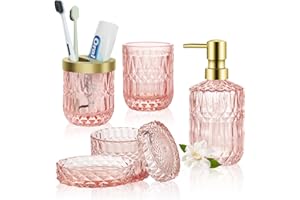 TeamSky Bathroom Accessories Set, 5PCS Glass Set, Includes Lotion Dispenser, Soap Dish, Toothbrush Holder, Tumbler and Jar, Stylish Modern Bathroom Decor (Pink)