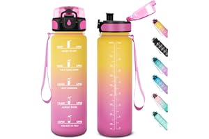 KOLLYKOLLA Gourde Sport 1L, Gourde Gym sans BPA, Étanche et Réutilisable, Bouteille d'eau avec Marqueur de Temps et Filtre, Gourdes pour Enfant, Adulte, Garçon, Fille, l'école, Camping, Gym, Sport, Yoga