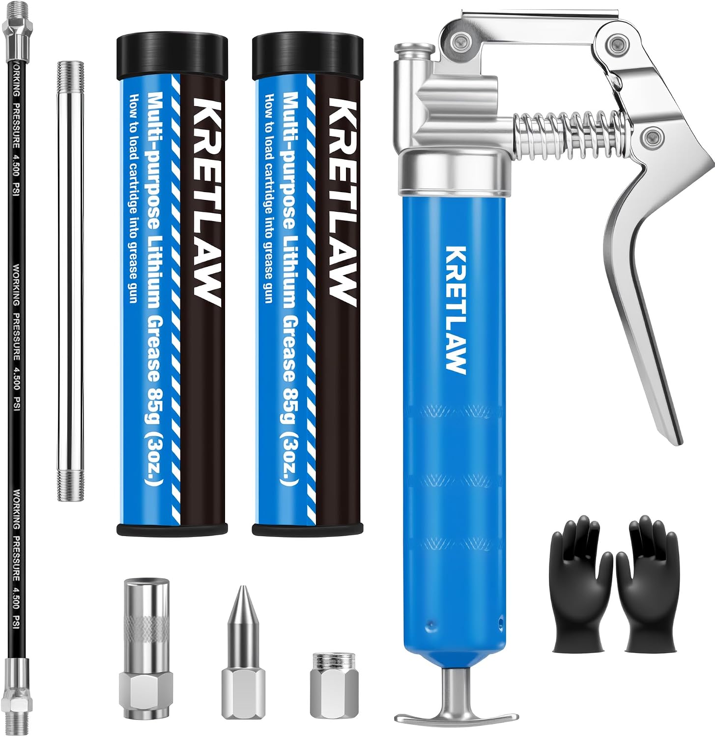 KRETLAW Mini Grease Gun (3000PSI) with Double 85G Cartridge Grease and Flexible Hose, Reinforced Coupler for Automotive,Marine
