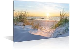 TISHIRON Wall Art Sandy Beach Sunrise Pictures Painting on Canvas Wall Art Modern Framed Seaside Canvas Prints Ready To Hang(24X16in)