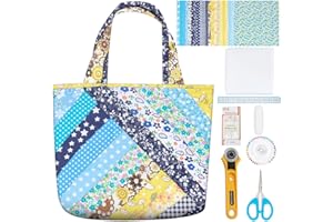 WEBEEDY DIY Small Bag Quilted Kit Stripes Tote Bag Quilted Starter Kit for Beginners Adults Handmade Bags Making with 21 Colors Square Fabrics Instructions and Complete Quilting Tools