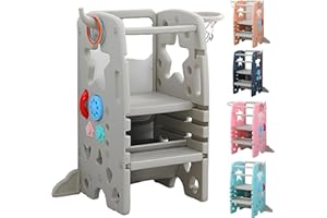 THUNDER GROUP Kids Step Stool, Adjustable Standing Platform | Adjustable Learning Tower for 1+ Year Old | Toddler Learning Tower 4 Modes (Basketball, White Board, Busy Board, Rings) (Grey Tower)