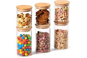 EZOWARE Set di 6 Barattoli di Vetro, Contenitori per la Conservazione degli Alimenti con Coperchio di Legno Bambù Ermetico per Tè Caffè Farina Cereali Fagioli, Vetro Borosilicato - 450ml / 700ml