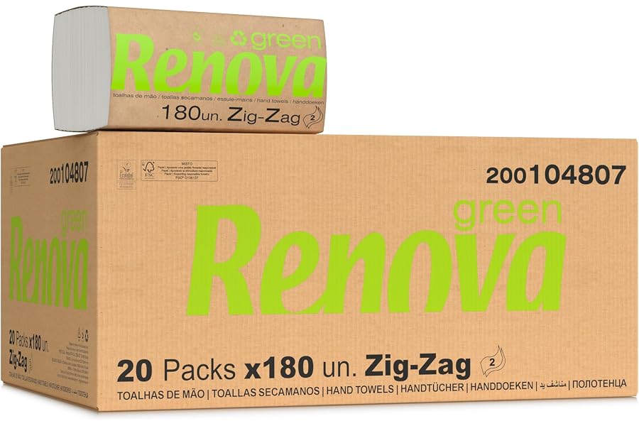 Renova Toallas Secamanos Zig-Zag Renovagreen, Papel Reciclado 2 Capas, Certificado FSC y Ecolabel, 20 Paquetes de 180 Unidade