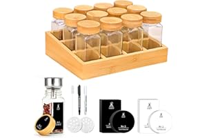 SAEIV Environmentally Friendly Wooden Spice Rack with 12 Bamboo Compartments 12 120 ml Spice Jars Drawer Organiser Spice Rack with Jars German Spice Labels Spice Racks Standing Spice Organiser