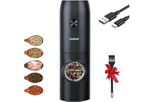 Dallfoll Molinillo Pimienta, Molinillo Eléctrico de Sal y Pimienta, Interruptor de Gravedad Automático, Función de Grosor Ajustable, Pimentero Electrico Recargable con luz LED y Cepillo Pequeño
