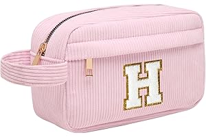 TOOZEN Neceser Maquillaje Mujer Personalizado Inicial, Bolsa de Cosméticos de Viaje, Gran Capacidad Neceser de Maquillaje de Pana, Regalo Cumpleaños Navidad para Mujeres Novias Mejores Amigas, Rosa H