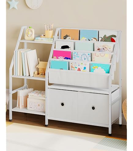 Bibliothèque Enfant Avec Coffres à Jouets - Étagères Et Sacs Suspendus - Blanc Et Gris - Pour Chambre Ou Salle De Jeux