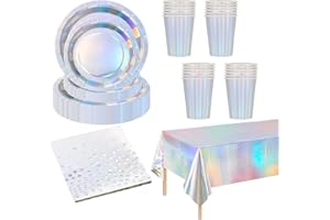 AISSZHAO 97 Pcs Laser Foil Tableware for Her Him,Laser Party Plates Paper Cups and Napkins for Birthday Decoration,Sparkling Laser Silver Tablecloth for Christmas Dinnerware Wedding,Baby Shower Party Tableware