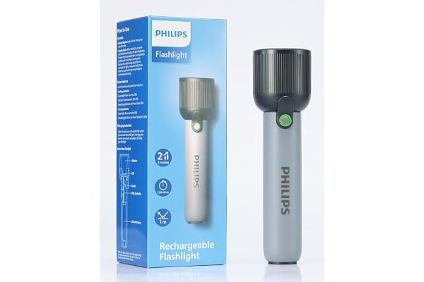 Philips Handheld Torch Light, 2000mAh Rechargeable Torch Light with 2 Modes,400LM & IP44 Waterproof, Portable Flash Light for Home, Camping, Hiking, Emergency Gray