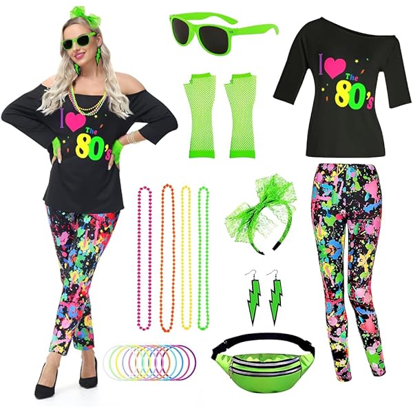 CHMMY Jaren 80 outfit voor dames, netshirt, vest, leggings, accessoires, beenwarmers, armbanden, halsketting, hoofdband, oorbellen, bril, handschoenen voor carnaval, jaren 90-themafeest, neonfeest