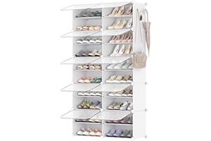 SONGMICS Scarpiera, Scaffale Modulare a 10 Scomparti per 40 Paia di Scarpe da Ingresso, con Sportelli, Telaio in Acciaio e Ripiani in Plastica, Camera da Letto, Bianco e Trasparente LPC035W01