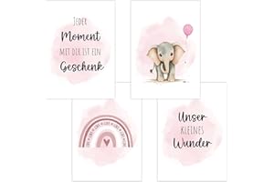 POLYMEDIA Set of 4 Baby DIN A4 Pictures with Elephant, Rainbow and Sayings, Posters with Animal Motif for Baby Room, 200 g/m² Paper, Children's Room Wall Decoration, for Picture Frames, Decoration for Boys and