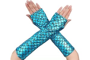 AZONELIFE Fingerless Gloves Women's Mermaid Fish Scale Long Arm Warmers Halloween Girls Cosplay Gloves Arm Sleeves for Stage Performance Fancy Dress Party Costume Accessories
