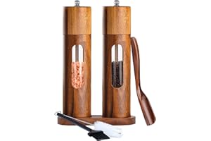 Uallsny Pfeffermühle Holz Salz und Pfeffermühle Manuell Salzmühle Gewürzmühle mit verstellbarem Keramikmahlwerk 2er Set mit Untersetzer für Pfeffer Salz Gewürze Höhe 21,5 cm
